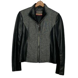 Cole Haan Size 6‎ Gray Black Lambskin Leather Wool Blend Tweed Full Zip Jacket